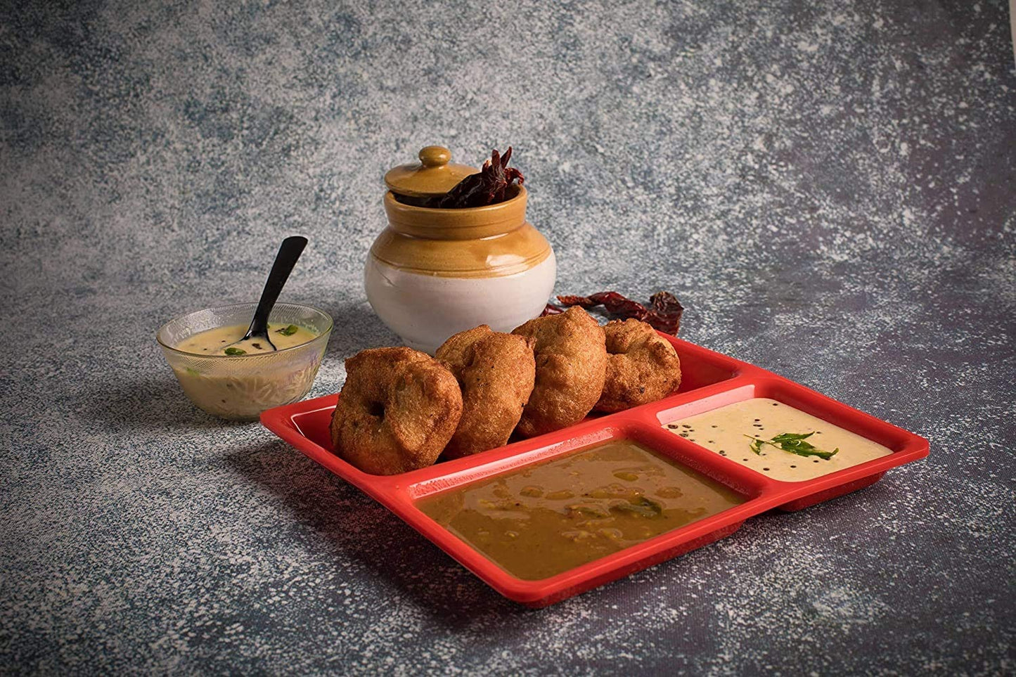 Multicolor Plastic 3 in,1 Compartment Pav Bhaji Plate Red Color.