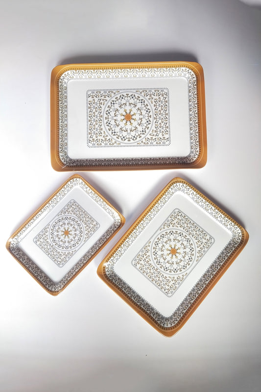 White Gold Melamine Tray Trio: Elevate Every Moment with Pro-Serving Elegance! Set of - 3.