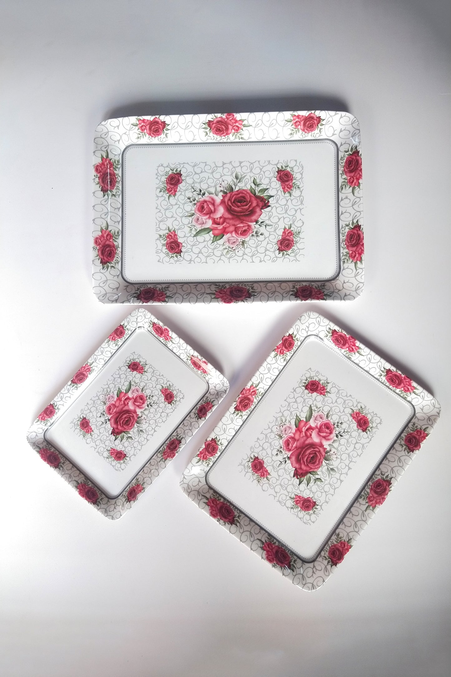 Red Floral Melamine Tray Trio Set-