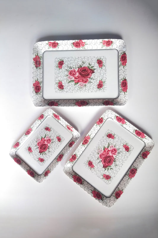 Red Floral Melamine Tray Trio: Elevate Every Moment with Pro-Serving Elegance! Set of - 3.