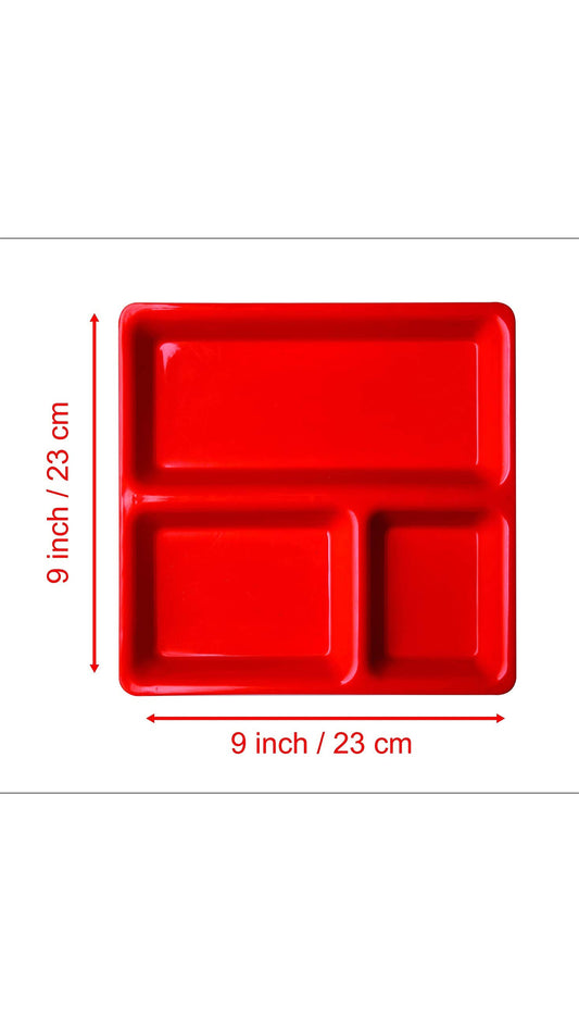 Multicolor Plastic 3 in,1 Compartment Pav Bhaji Plate Red Color.